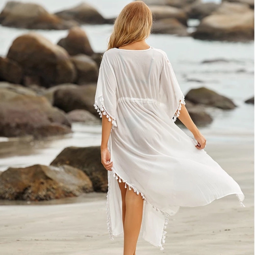 SOLD OUT CLEARANCE White Crochet Tassel Fringe Swim Coverup Dress - Picture 3 of 4